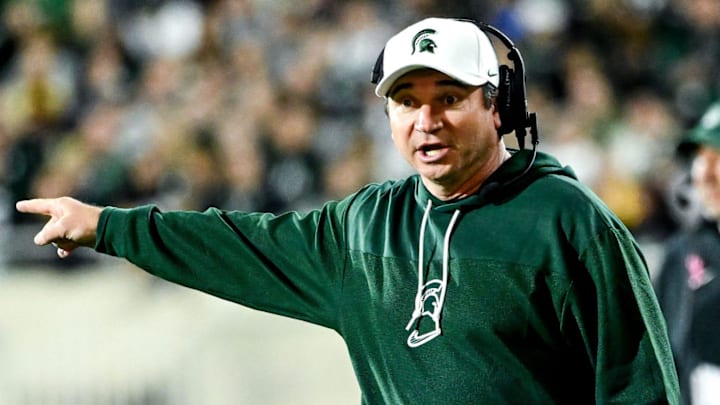 Michigan State's head coach Jonathan Smith calls out to a referee in the second quarter in the game against Iowa on Saturday, Oct. 19, 2024, at Spartan Stadium in East Lansing. Michigan State's head coach Jonathan Smith calls out to a referee in the second quarter in the game against Iowa on Saturday, Oct. 19, 2024, at Spartan Stadium in East Lansing.