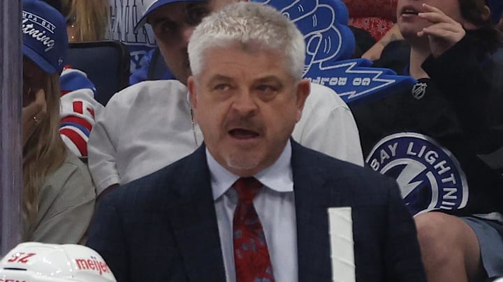 Apr 11, 2025; Tampa, Florida, USA; Detroit Red Wings head coach Todd McLellan looks on against the Tampa Bay Lightning during the second period at Amalie Arena. Mandatory Credit: Kim Klement Neitzel-Imagn Images Apr 11, 2025; Tampa, Florida, USA; Detroit Red Wings head coach Todd McLellan looks on against the Tampa Bay Lightning during the second period at Amalie Arena. Mandatory Credit: Kim Klement Neitzel-Imagn Images
