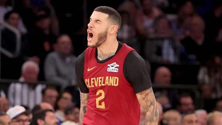 Oct 22, 2025; New York, New York, USA; Cleveland Cavaliers guard Lonzo Ball (2) reacts after a three point shot against the New York Knicks during the fourth quarter at Madison Square Garden. Mandatory Credit: Brad Penner-Imagn Images