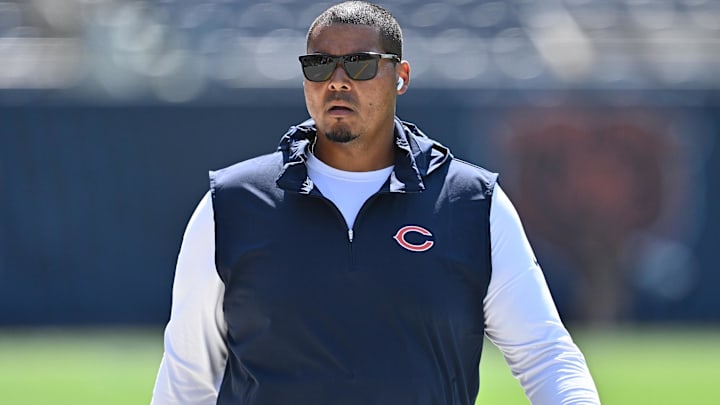 Sep 10, 2023; Chicago, Illinois, USA; Chicago Bears general manager Ryan Poles walks laps around the field before their game against the Green Bay Packers at Soldier Field. Mandatory Credit: Jamie Sabau-Imagn Images Sep 10, 2023; Chicago, Illinois, USA; Chicago Bears general manager Ryan Poles walks laps around the field before their game against the Green Bay Packers at Soldier Field. Mandatory Credit: Jamie Sabau-Imagn Images