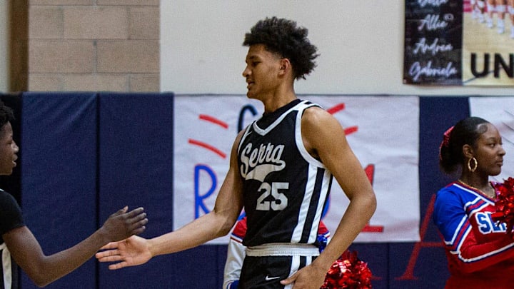 Serra's Maximo Adams (25) is announced with his team's starting lineup before their first-round CIF-SS playoff game at Indio High School in Indio, Calif., Wednesday, Feb. 7, 2024. Serra's Maximo Adams (25) is announced with his team's starting lineup before their first-round CIF-SS playoff game at Indio High School in Indio, Calif., Wednesday, Feb. 7, 2024.