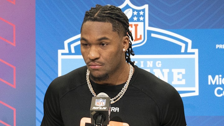 Feb 28, 2025; Indianapolis, IN, USA; Missouri wideout Luther Burden III (WO09) answers questions at a press conference during the 2025 NFL Combine at Indiana Convention Center. Mandatory Credit: Stephanie Amador Blondet-Imagn Images Feb 28, 2025; Indianapolis, IN, USA; Missouri wideout Luther Burden III (WO09) answers questions at a press conference during the 2025 NFL Combine at Indiana Convention Center. Mandatory Credit: Stephanie Amador Blondet-Imagn Images