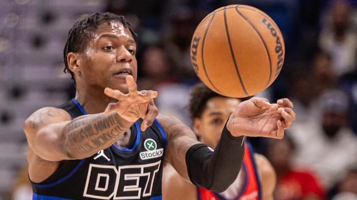 Jan 21, 2026; New Orleans, Louisiana, USA;  Detroit Pistons guard Marcus Sasser (25) passes the ball against the New Orleans Pelicans during the first half at Smoothie King Center.