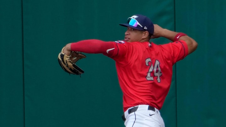 July 24, 2024; Columbus, Ohio, USA; 
Juan Brito (24) throws from right field for the Columbus Clippers during a game against the Memphis Redbirds.