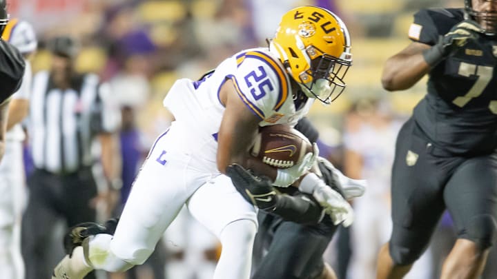 Trey Holly (25) runs the ball as the LSU Tigers take on the the Army Black Knights in Tiger Stadium in Baton Rouge, Louisiana, October. 21, 2023.