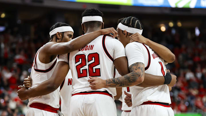 Jan 27, 2026; Raleigh, North Carolina, USA; NC State Wolfpack huddles during the first half of the game against the Syracuse Orange at Lenovo Center. Mandatory Credit: Jaylynn Nash-Imagn Images