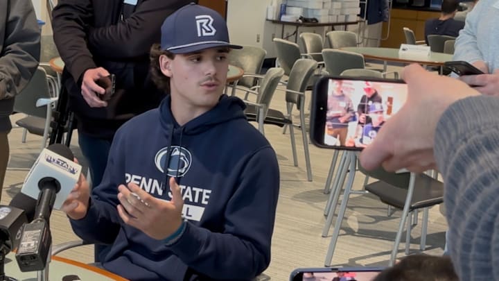 Penn State Nittany Lions quarterback Rocco Becht talks with reporters during a media availability at Beaver Stadium.