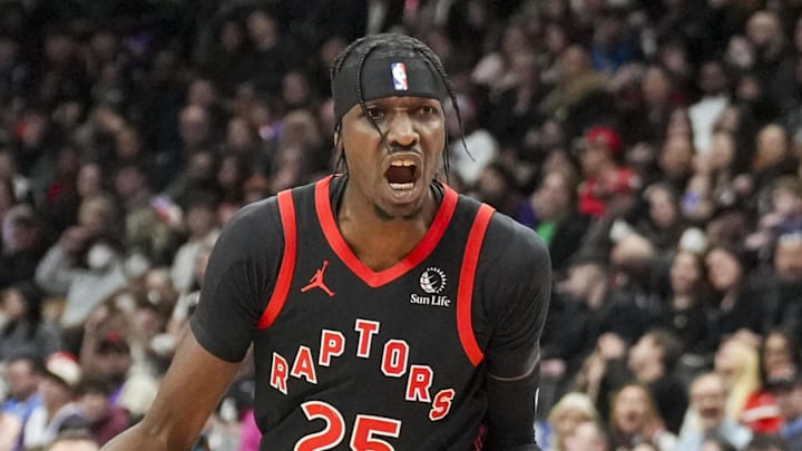 Feb 21, 2025; Toronto, Ontario, CAN; Toronto Raptors forward Chris Boucher (25) reacts during a NBA game against the Miami Heat at Scotiabank Arena. Mandatory Credit: Kevin Sousa-Imagn Images