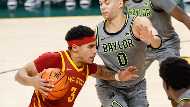 Jan 7, 2026; Waco, Texas, USA; Iowa State Cyclones guard Tamin Lipsey (3) drives to the basket against Baylor Bears guard Dan Skillings Jr. (0) during the second half at Paul and Alejandra Foster Pavilion. Jan 7, 2026; Waco, Texas, USA; Iowa State Cyclones guard Tamin Lipsey (3) drives to the basket against Baylor Bears guard Dan Skillings Jr. (0) during the second half at Paul and Alejandra Foster Pavilion.