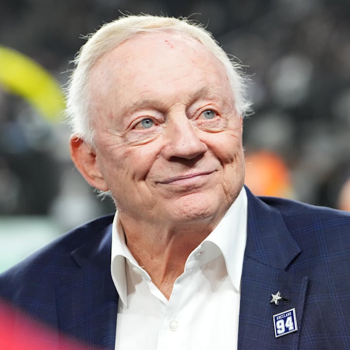 Dallas Cowboys owner Jerry Jones during warmups against the Las Vegas Raiders at Allegiant Stadium.