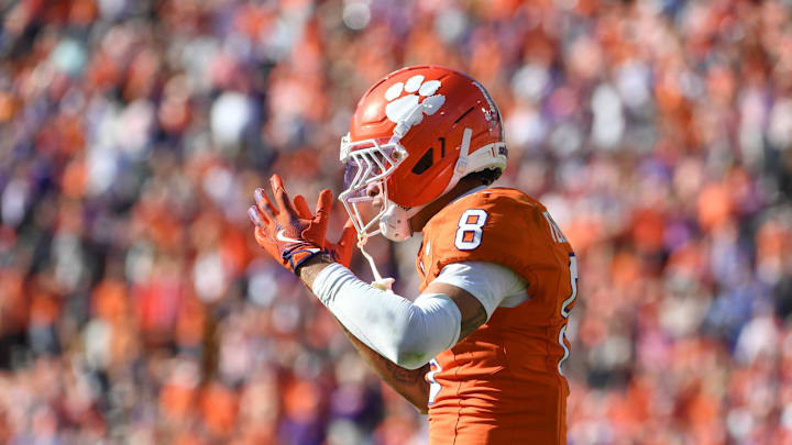 Clemson Tigers cornerback Avieon Terrell (8) reacts to a pass interference call during the NCAA football game