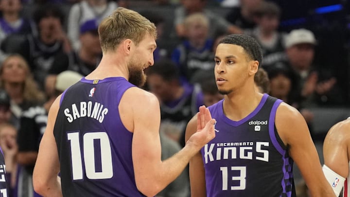 Mar 10, 2024; Sacramento, California, USA; Sacramento Kings forward Domantas Sabonis (10) talks with forward Keegan Murray (13) during the third quarter against the Houston Rockets at Golden 1 Center. Mandatory Credit: Darren Yamashita-Imagn Images Mar 10, 2024; Sacramento, California, USA; Sacramento Kings forward Domantas Sabonis (10) talks with forward Keegan Murray (13) during the third quarter against the Houston Rockets at Golden 1 Center. Mandatory Credit: Darren Yamashita-Imagn Images