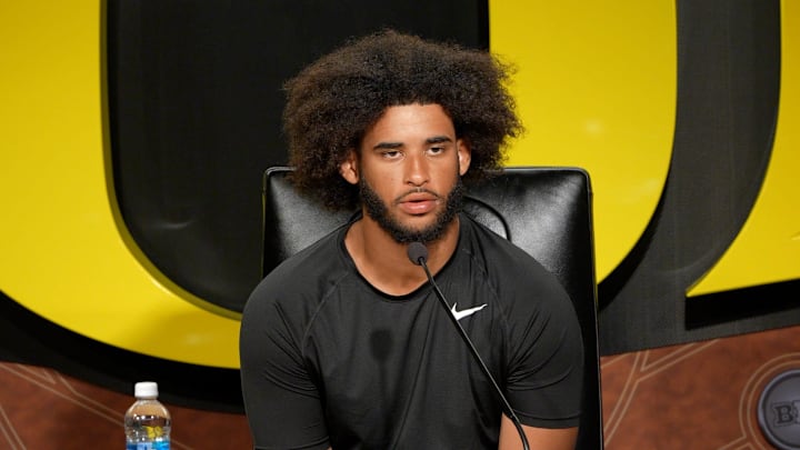 Oregon quarterback Dante Moore speaks during a media availability on April 7, 2026, in Eugene, Oregon.