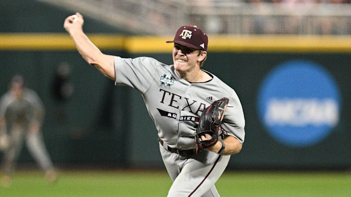 Texas A&M Aggies pitcher Josh Stewart throws a pitch. Texas A&M Aggies pitcher Josh Stewart throws a pitch.