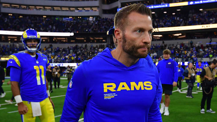 Jan 4, 2026; Inglewood, California, USA;  Los Angeles Rams head coach Sean McVay leaves the field following a game against the Arizona Cardinals at SoFi Stadium. Mandatory Credit: Gary A. Vasquez-Imagn Images