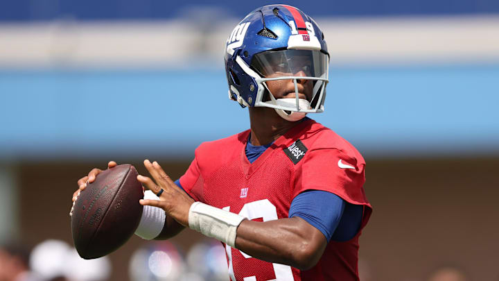 Jul 23, 2025; East Rutherford, NJ, USA; New York Giants quarterback Jameis Winston (19) throws a pass during training camp at Quest Diagnostics Training Center. Mandatory Credit: Vincent Carchietta-Imagn Images Jul 23, 2025; East Rutherford, NJ, USA; New York Giants quarterback Jameis Winston (19) throws a pass during training camp at Quest Diagnostics Training Center. Mandatory Credit: Vincent Carchietta-Imagn Images