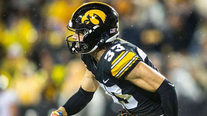 Iowa defensive back Riley Moss (33) warms up during a NCAA football game against Nevada, Saturday, Sept. 17, 2022, at Kinnick Stadium in Iowa City, Iowa.