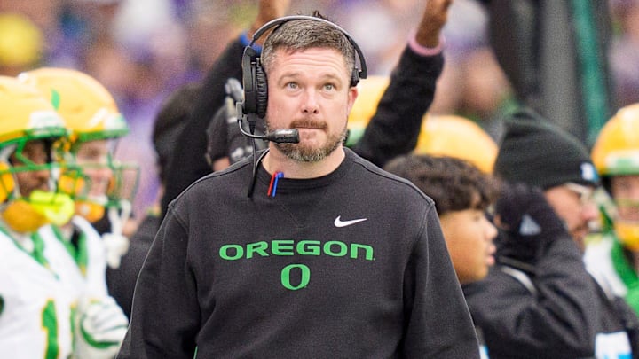 Oregon head coach Dan Lanning walks the sideline as the Oregon Ducks take on the Washington Huskies on Nov. 29, 2025, at Husky Stadium in Seattle, Washington.