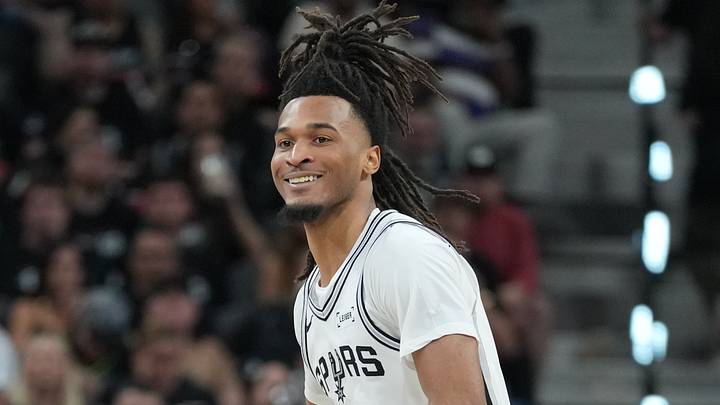 May 6, 2026; San Antonio, Texas, USA; San Antonio Spurs guard Stephon Castle (5) smiles as he dribbles up the court in the second half against the Minnesota Timberwolves during game two of the second round of the 2026 NBA Playoffs at Frost Bank Center. Mandatory Credit: Daniel Dunn-Imagn Images May 6, 2026; San Antonio, Texas, USA; San Antonio Spurs guard Stephon Castle (5) smiles as he dribbles up the court in the second half against the Minnesota Timberwolves during game two of the second round of the 2026 NBA Playoffs at Frost Bank Center. Mandatory Credit: Daniel Dunn-Imagn Images