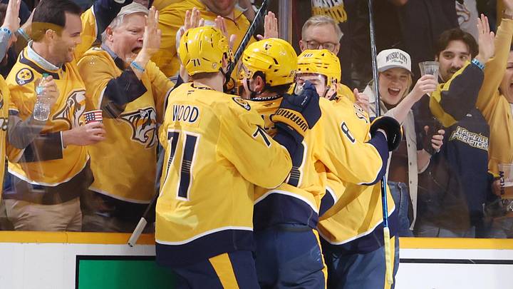 Apr 13, 2026; Nashville, Tennessee, USA; Nashville Predators celebrate a goal during the third period of their game against the San Jose Sharks at Bridgestone Arena. Mandatory Credit: Alan Poizner-Imagn Images
