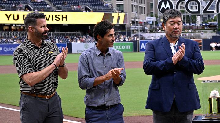 Padres executive Erik Greupner, president of baseball operations AJ Preller and Hideo Nomo prior to a game against the Miami Marlins at Petco Park on Aug. 21, 2023. Mandatory Credit: Orlando Ramirez-USA TODAY Sports