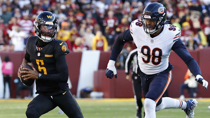 Montez Sweat tracks down Jayden Daniels. The Bears have Sweat back this week after a game away with a shin injury. Montez Sweat tracks down Jayden Daniels. The Bears have Sweat back this week after a game away with a shin injury.