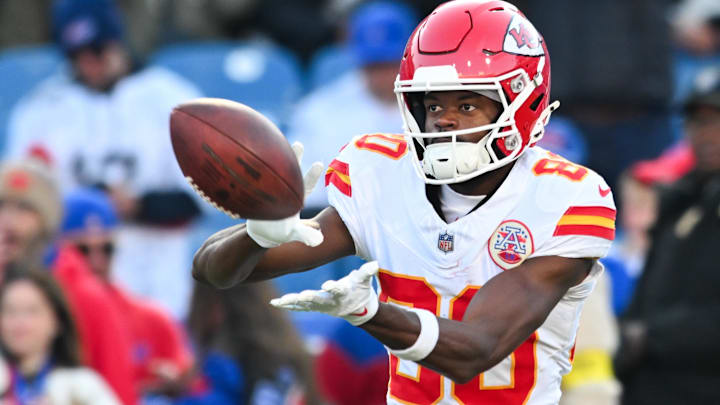 Kansas City Chiefs wide receiver Tyquan Thornton (80) warms up before the game against the Buffalo Bills at Highmark Stadium.