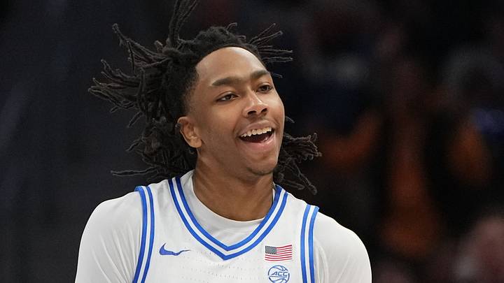 Mar 14, 2026; Charlotte, NC, USA; Duke Blue Devils guard Isaiah Evans (3) reacts in the second half during the men's ACC Conference Tournament Championship at Spectrum Center. Mandatory Credit: Bob Donnan-Imagn Images