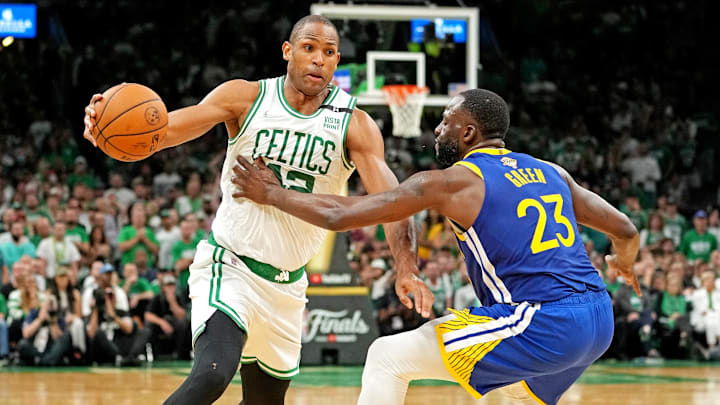 Jun 16, 2022; Boston, Massachusetts, USA; Boston Celtics center Al Horford (42) drives to the basket against Golden State Warriors forward Draymond Green (23) during the fourth quarter in game six of the 2022 NBA Finals at TD Garden. Mandatory Credit: Kyle Terada-Imagn Images Jun 16, 2022; Boston, Massachusetts, USA; Boston Celtics center Al Horford (42) drives to the basket against Golden State Warriors forward Draymond Green (23) during the fourth quarter in game six of the 2022 NBA Finals at TD Garden. Mandatory Credit: Kyle Terada-Imagn Images