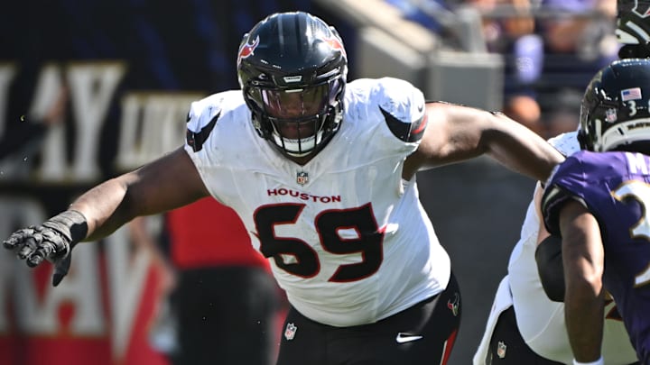 Oct 5, 2025; Baltimore, Maryland, USA; Houston Texans guard Ed Ingram (69) during play against Baltimore Ravens cornerback Keyon Martin (38) during the second quarter at M&T Bank Stadium. Mandatory Credit: Rafael Suanes-Imagn Images