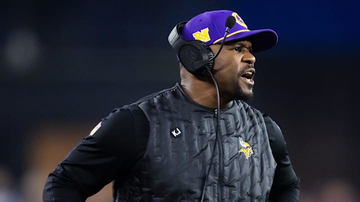 Jan 13, 2025; Glendale, AZ, USA; Minnesota Vikings defensive coordinator Brian Flores against the Los Angeles Rams during an NFC wild card game at State Farm Stadium. Mandatory Credit: Mark J. Rebilas-Imagn Images