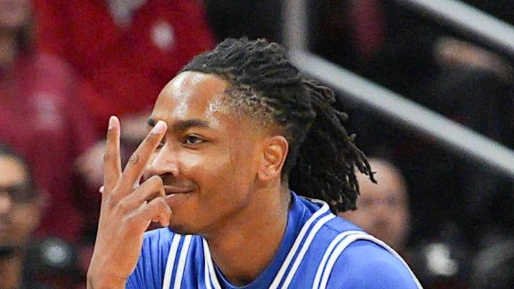 Duke Blue Devils guard Isaiah Evans (3) celebrates hitting a three-point shot as the Blue Devils rallied to beat Louisville 84-73 Tuesday night at KFC Yum Center January 6, 2026.