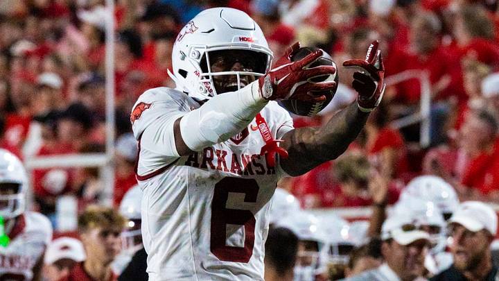 Arkansas Razorbacks wide receiver Chris Marshall celebrates after making a first down against Utah on Saturday, Sept. 12, 2026. Arkansas Razorbacks wide receiver Chris Marshall celebrates after making a first down against Utah on Saturday, Sept. 12, 2026.