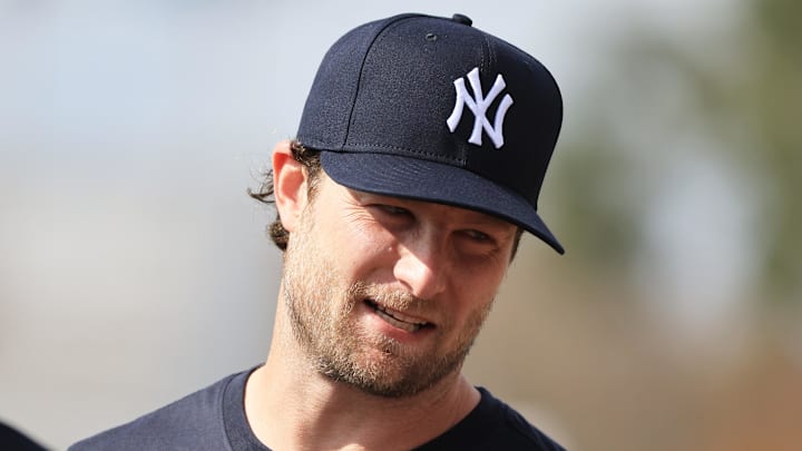 Feb 12, 2026; Tampa, FL, USA;  New York Yankees pitcher Gerrit Cole (45) works out during spring training workouts at George M. Steinbrenner Field. Mandatory Credit: Kim Klement Neitzel-Imagn Images