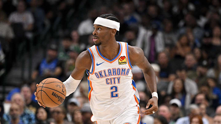 Oct 27, 2025; Dallas, Texas, USA; Oklahoma City Thunder guard Shai Gilgeous-Alexander (2) brings the ball up court against the Dallas Mavericks during the second quarter at the American Airlines Center. Mandatory Credit: Jerome Miron-Imagn Images Oct 27, 2025; Dallas, Texas, USA; Oklahoma City Thunder guard Shai Gilgeous-Alexander (2) brings the ball up court against the Dallas Mavericks during the second quarter at the American Airlines Center. Mandatory Credit: Jerome Miron-Imagn Images