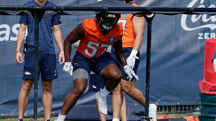 Jul 24, 2025; Englewood, CO, USA; Denver Broncos linebacker Dre Greenlaw (57) during Denver Broncos Training Camp. 