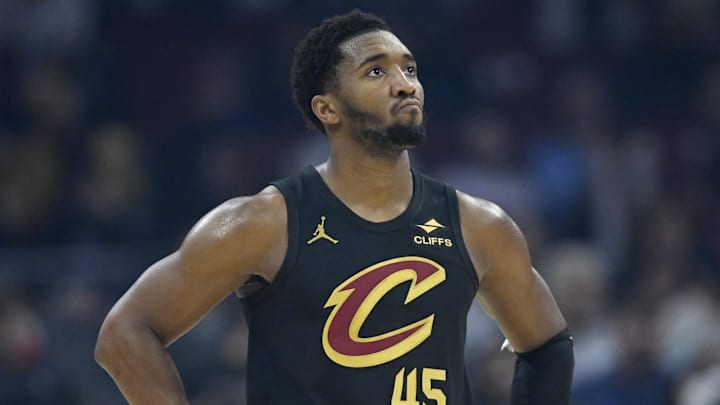 Dec 14, 2025; Cleveland, Ohio, USA; Cleveland Cavaliers guard Donovan Mitchell (45) stands on the court in the first quarter against the Charlotte Hornets at Rocket Arena. Mandatory Credit: David Richard-Imagn Images