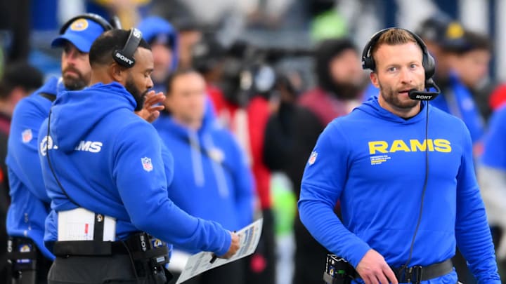 Jan 25, 2026; Seattle, WA, USA; Los Angeles Rams head coach Sean McVay looks on during the first half against the Seattle Seahawks in the 2026 NFC Championship Game at Lumen Field. Mandatory Credit: Steven Bisig-Imagn Images