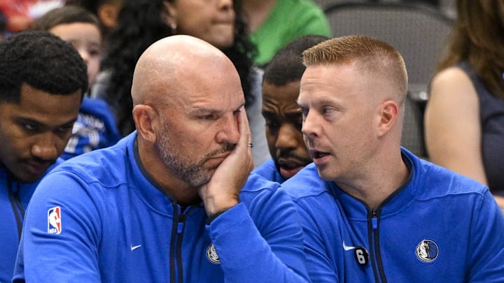 Oct 7, 2022; Dallas, Texas, USA; (from left) Dallas Mavericks assistant coach Jared Dudley and assistant coach Greg St. Jean and head coach Jason Kidd and assistant coach Sean Sweeney during the game between the Dallas Mavericks and the Orlando Magic at the American Airlines Center. Mandatory Credit: Jerome Miron-Imagn Images