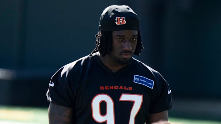 Bengals defensive end Shemar Stewart looks on during the Bengals Rookie Mini Camp on Friday, May 9, 2025 at Paycor Stadium in Cincinnati.