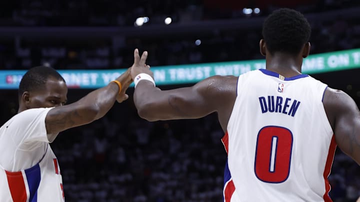 Apr 22, 2026; Detroit, Michigan, USA; Detroit Pistons center Jalen Duren (0) receives congratulations from d31 in the second half against the during game two of the first round of the 2026 NBA Playoffs at Little Caesars Arena. Mandatory Credit: Rick Osentoski-Imagn Images