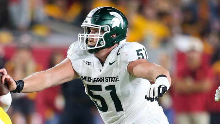 Michigan State center Matt Gulbin gets ready to throw a block during the Spartans' game against the USC Trojans on Sept. 20, 2025.