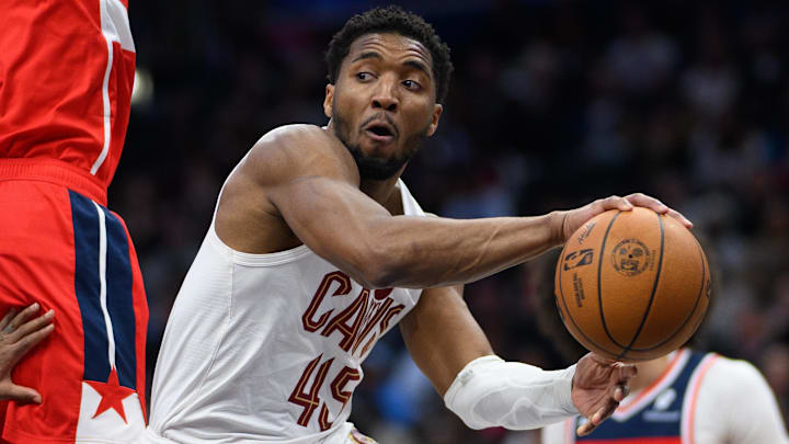 Feb 7, 2025; Washington, District of Columbia, USA; Cleveland Cavaliers guard Donovan Mitchell (45) looks to pass the ball during the third quarter against the Washington Wizards at Capital One Arena. Mandatory Credit: Reggie Hildred-Imagn Images Feb 7, 2025; Washington, District of Columbia, USA; Cleveland Cavaliers guard Donovan Mitchell (45) looks to pass the ball during the third quarter against the Washington Wizards at Capital One Arena. Mandatory Credit: Reggie Hildred-Imagn Images