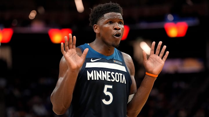 Mar 13, 2026; San Francisco, California, USA; Minnesota Timberwolves guard Anthony Edwards (5) reacts after the Timberwolves were called for a foul against the Golden State Warriors in the fourth quarter at the Chase Center. Mandatory Credit: Cary Edmondson-Imagn Images
