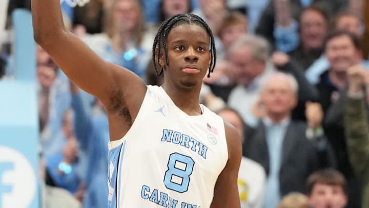 Feb 7, 2026; Chapel Hill, North Carolina, USA; North Carolina Tar Heels forward Caleb Wilson (8) on the court in the second half at Dean E. Smith Center. Mandatory Credit: Bob Donnan-Imagn Images