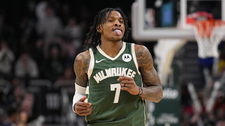 Milwaukee Bucks guard Kevin Porter Jr. (7) reacts after scoring a basket during the fourth quarter against the Cleveland Cavaliers at Fiserv Forum on February 25, 2026.