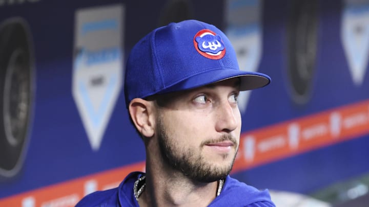 Jun 28, 2025; Houston, Texas, USA; Chicago Cubs right fielder Kyle Tucker (30) in the dugout before the game against the Houston Astros at Daikin Park. Mandatory Credit: Troy Taormina-Imagn Images
