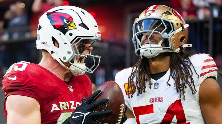 Jan 5, 2025; Glendale, Arizona, USA; Arizona Cardinals tight end Trey McBride (85) celebrates after catching a touchdown pass against San Francisco 49ers linebacker Fred Warner (54) in the first half at State Farm Stadium. Mandatory Credit: Mark J. Rebilas-Imagn Images Jan 5, 2025; Glendale, Arizona, USA; Arizona Cardinals tight end Trey McBride (85) celebrates after catching a touchdown pass against San Francisco 49ers linebacker Fred Warner (54) in the first half at State Farm Stadium. Mandatory Credit: Mark J. Rebilas-Imagn Images