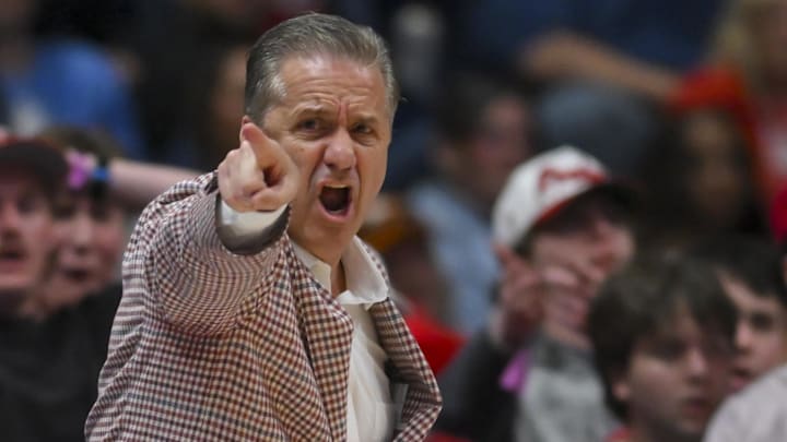Arkansas head coach John Calipari reacts to a call against Oklahoma during the first half at Bridgestone Arena. 