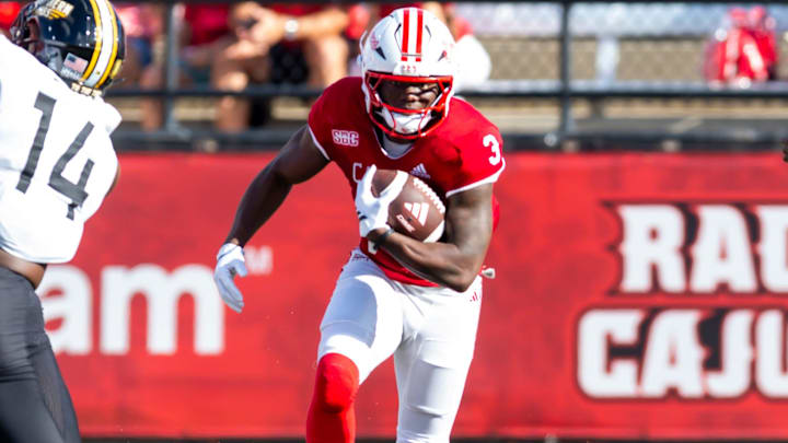 Cajuns runningback Zylan Perry 3 as Louisianas Ragin Cajuns take on Southern Miss at Our Lady of Lourdes Stadium in Lafayette, LA. Saturday, Oct. 18, 2025.